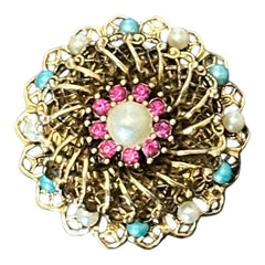 Vintage Fuchsia Rhinestones Faux Pearl Round Filigree Brooch | 1960s Turquoise and White Faux Pearl Jewelry | Gold Tone Filigree Brooch