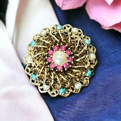 Vintage Fuchsia Rhinestones Faux Pearl Round Filigree Brooch | 1960s Turquoise and White Faux Pearl Jewelry | Gold Tone Filigree Brooch