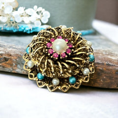 Vintage Fuchsia Rhinestones Faux Pearl Round Filigree Brooch | 1960s Turquoise and White Faux Pearl Jewelry | Gold Tone Filigree Brooch