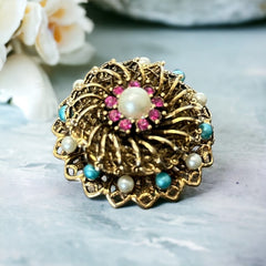 Vintage Fuchsia Rhinestones Faux Pearl Round Filigree Brooch | 1960s Turquoise and White Faux Pearl Jewelry | Gold Tone Filigree Brooch