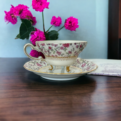 Vintage 1960s Yada Japan Genuine China Pink Roses Chintz Pattern Footed Teacup &amp; Saucer Set | Elegant Tea Party Set | Collectible Porcelain