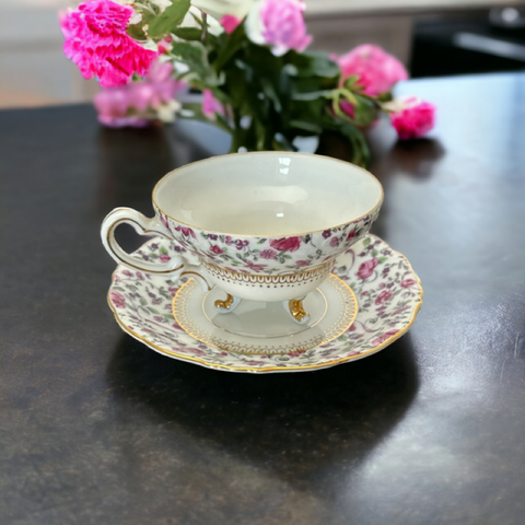 Vintage 1960s Yada Japan Genuine China Pink Roses Chintz Pattern Footed Teacup &amp; Saucer Set | Elegant Tea Party Set | Collectible Porcelain