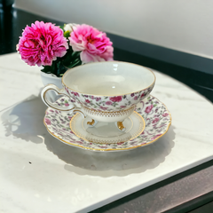 Vintage 1960s Yada Japan Genuine China Pink Roses Chintz Pattern Footed Teacup &amp; Saucer Set | Elegant Tea Party Set | Collectible Porcelain