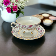 Vintage 1960s Yada Japan Genuine China Pink Roses Chintz Pattern Footed Teacup &amp; Saucer Set | Elegant Tea Party Set | Collectible Porcelain