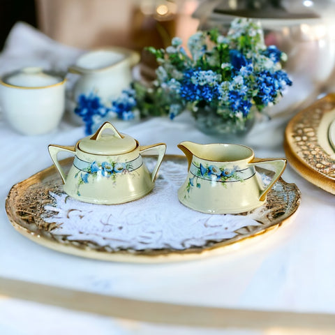 Antique Zeh Scherzer &amp; Co Bavaria Art Nouveau Blue Bindweed Flowers Porcelain Sugar and Creamer Set