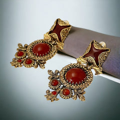 Vintage Zoe Costes Faux Carnelian and Rhinestones Dangles Clip-on Earrings | 1980s French Designer Statement Earrings | Gold Tone Jewelry