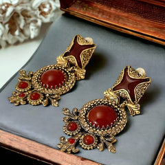 Vintage Zoe Costes Faux Carnelian and Rhinestones Dangles Clip-on Earrings | 1980s French Designer Statement Earrings | Gold Tone Jewelry