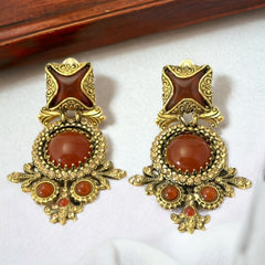 Vintage Zoe Costes Faux Carnelian and Rhinestones Dangles Clip-on Earrings | 1980s French Designer Statement Earrings | Gold Tone Jewelry