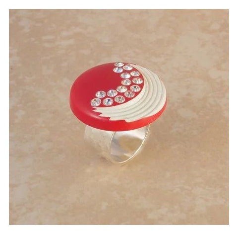 Red Carved Celluloid & Rhinestones Ring